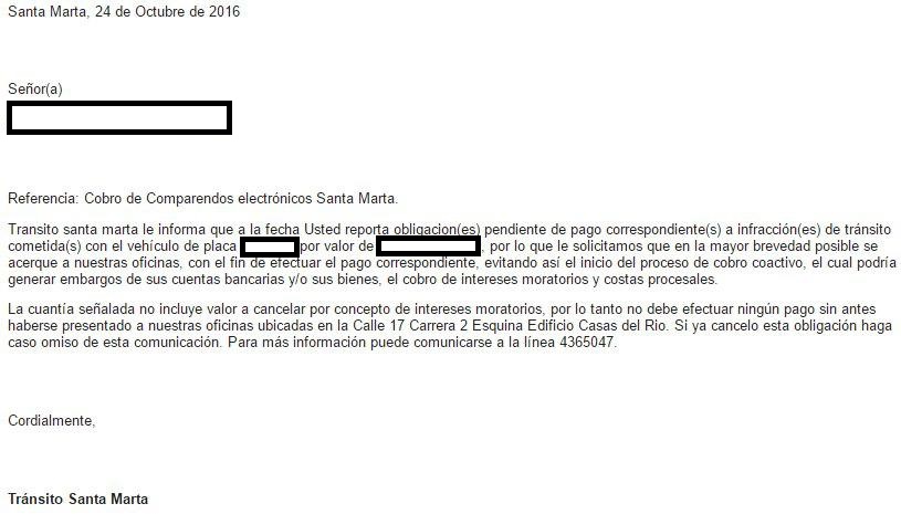 Una de las notificaciones enviadas por el Siett, desde el correo correo@correosiettsantamarta.com y firman como Tránsito Santa Marta.