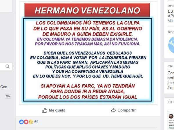 Aviso en Facebook que invita a los venezolanos a no votar por las Farc.