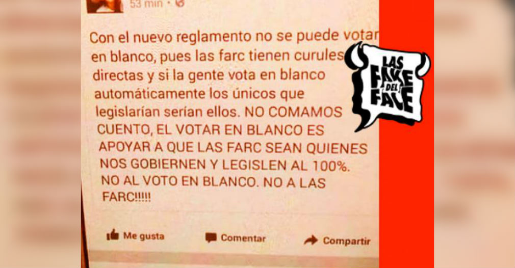 Nota falsa sobre el voto en blanco y las Farc difundida en facebook