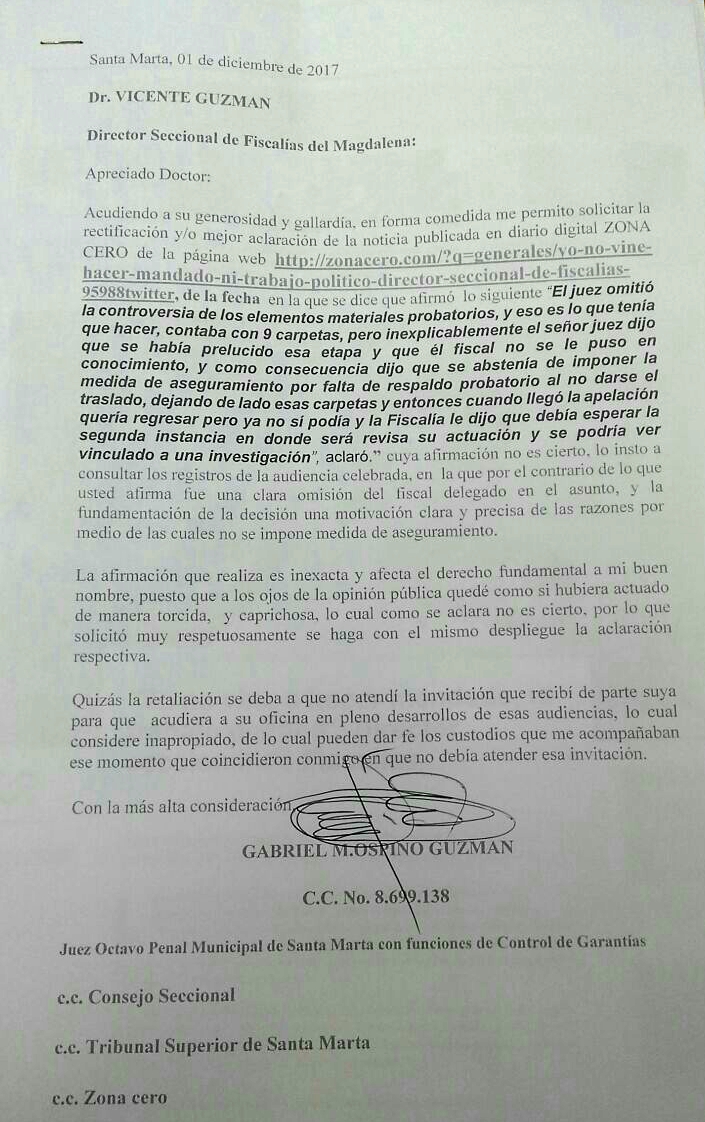 Esta es la carta que envió el Juez al fiscal del Magdalena.