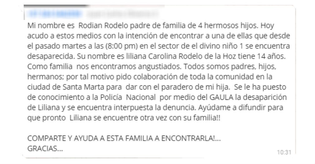 A través de Whatsapp ha circulado este mensaje pidiendo colaboración en la búsqueda de la menor.