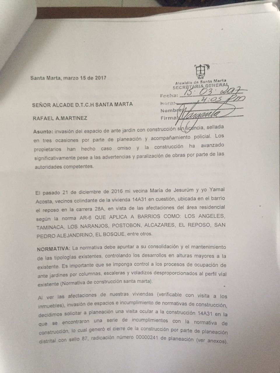 Queja presentada ante el Alcalde de Santa Marta