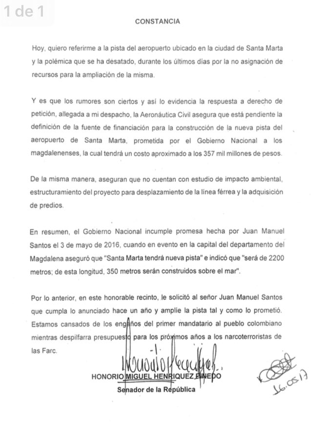 El senador Henríquez difundió la constancia a través de su cuenta de Twitter. 