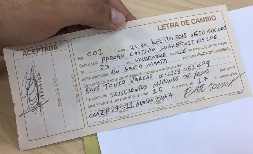 Esta es la letra de cambio en la que supuestamente el congresista Fabián Castillo se compromete a pagar 600 millones de pesos.