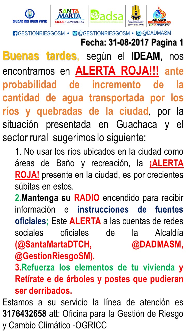 Aviso enviado por Oficina para la Gestión del Riesgo y Cambio Climático a la comunidad samaria. 