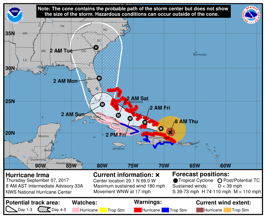 Así avanza el huracán Irma, según el reporte del CNH realizado a las 8 a.m. de este jueves.