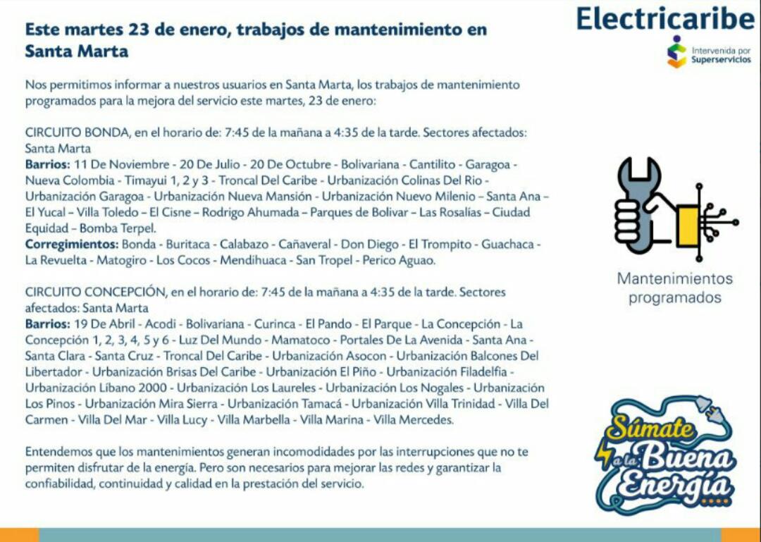 Barrios que estarán sin luz este 23 de enero.