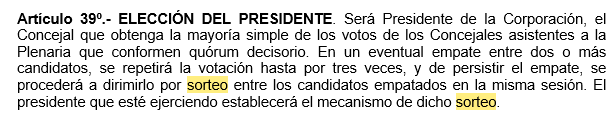 Artículo que contempla cómo se debe elegir el presidente del concejo.