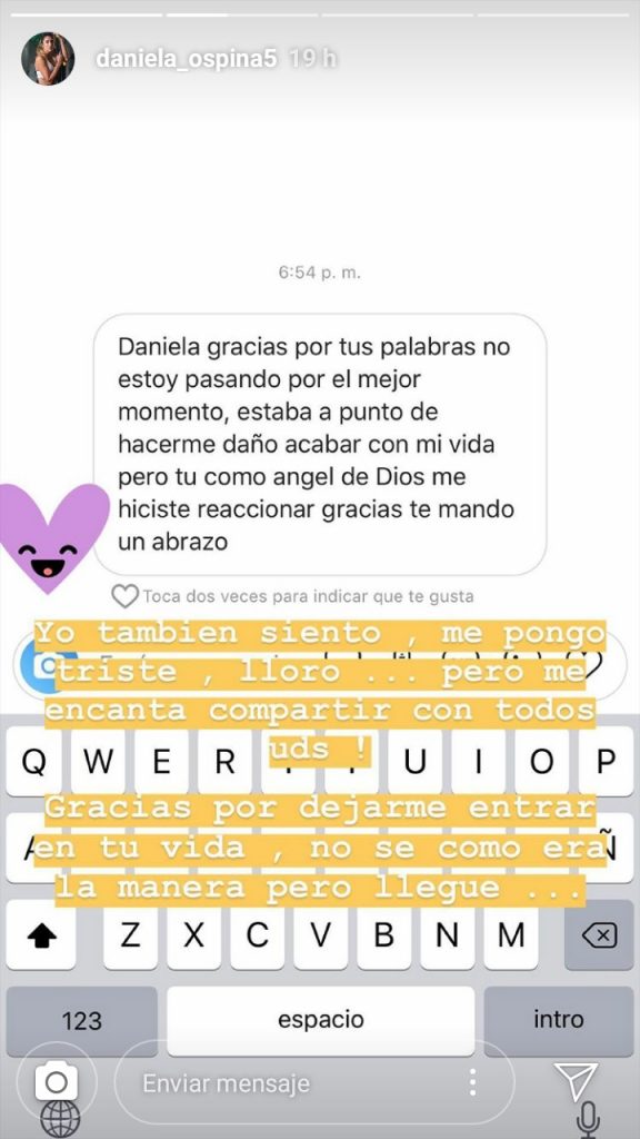 El mensaje enviado por la fan a Daniela Ospina