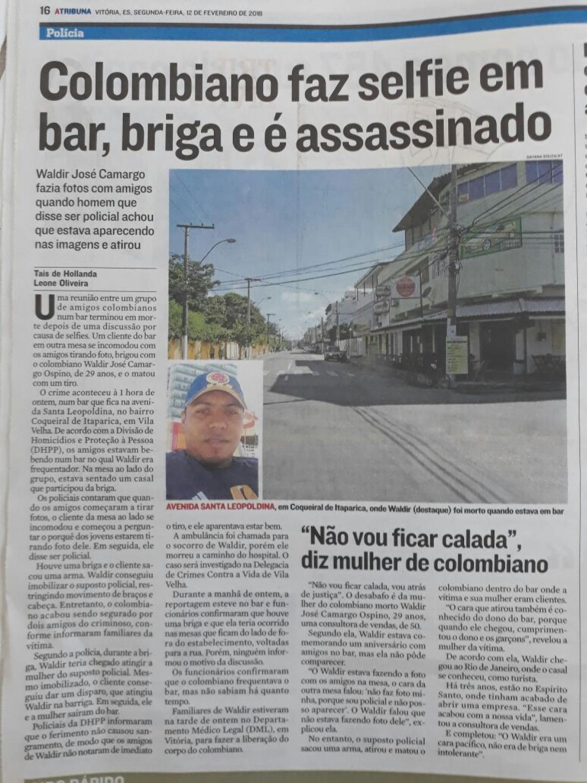 Recorte de periódico brasileño donde se encuentra la noticia del asesinato del samario.