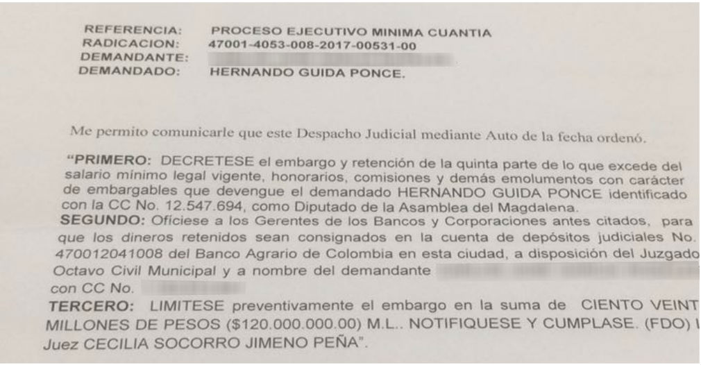 Juez ordenó embargar cuentas de Hernando Guida hasta que pague 120 millones de pesos.