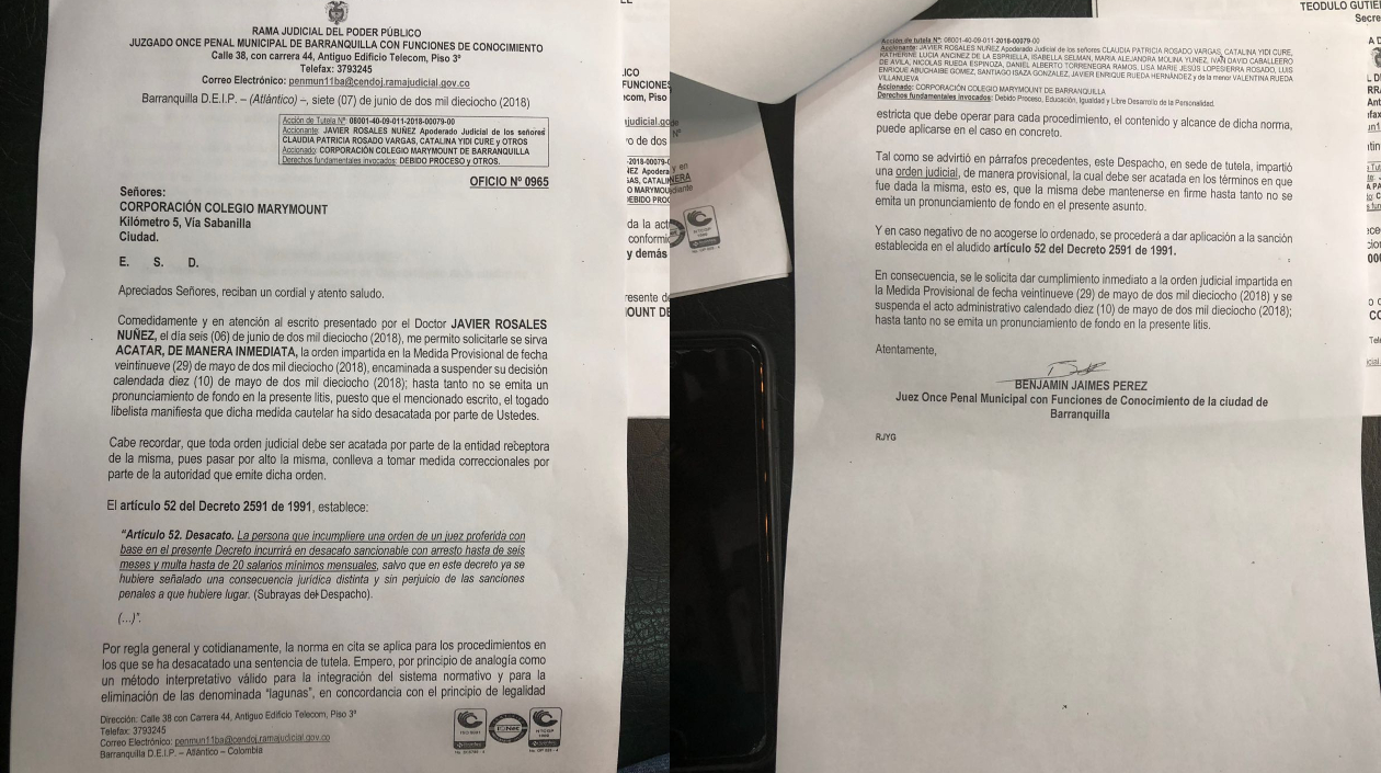 Comunicado del Juzgado Once Penal Municipal de Barranquilla en el ordena la medida provisional al colegio.
