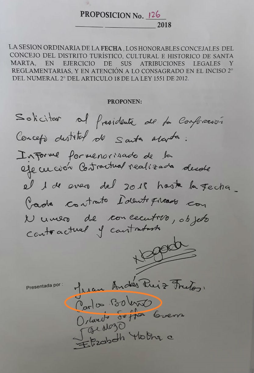 Proposición presentada para solicitar contratos al presidentes del Concejo.