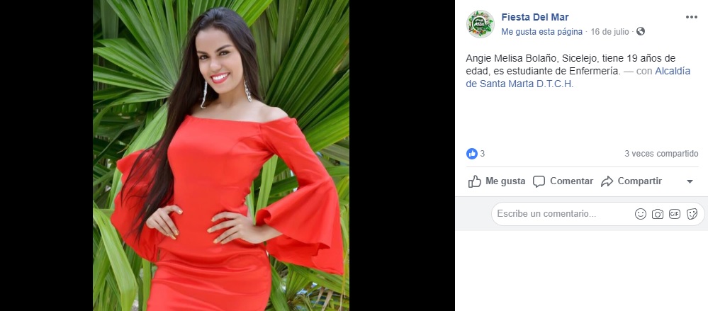 Post de la página oficial de la Fiesta del Mar, promocionando la participación de la candidata de Sincelejo.