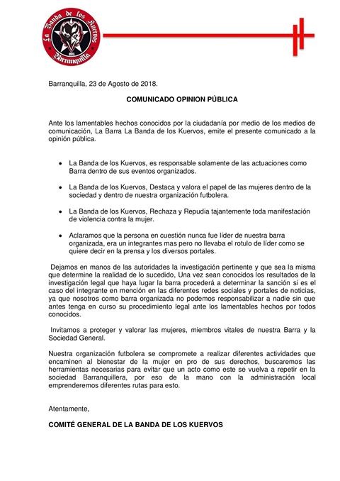 Comunicado de la barra Los Kuervos sobre Armando José Castro Maldonado.