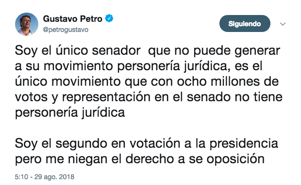 El trino publicado por el senador Gustavo Petro.