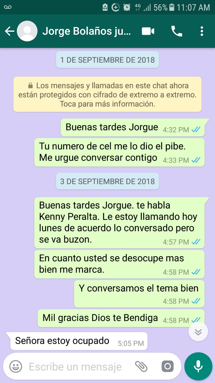 Conversación entre Kenny Peralta, hermana del afectado y Jorge Bolaño 'Bolañito'.