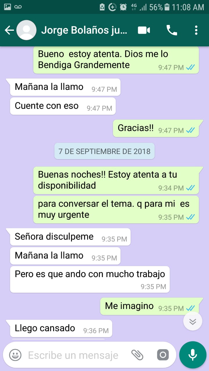 Conversación entre Kenny Peralta, hermana del afectado y Jorge Bolaño 'Bolañito'.