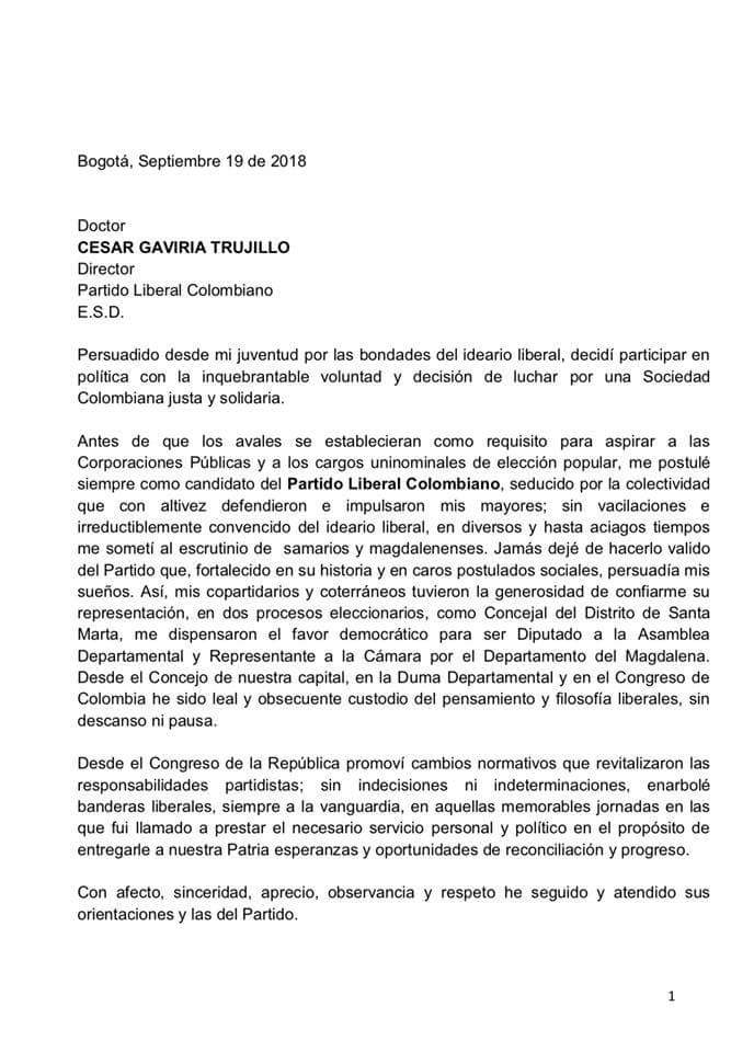 Carta de renuncia de Joaquín Vives.