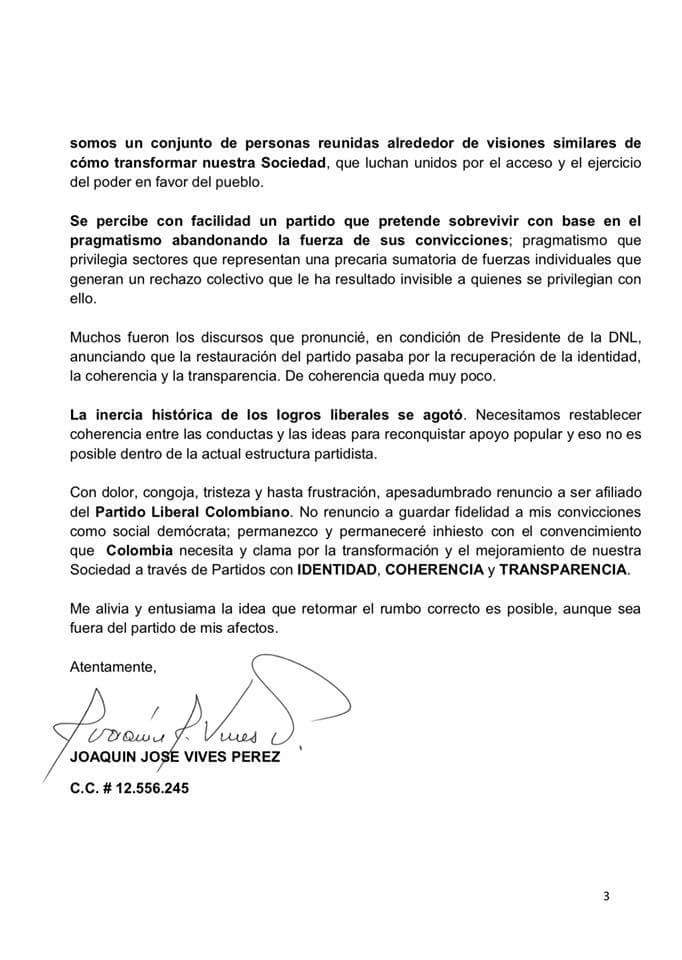 Carta de renuncia de Joaquín Vives.