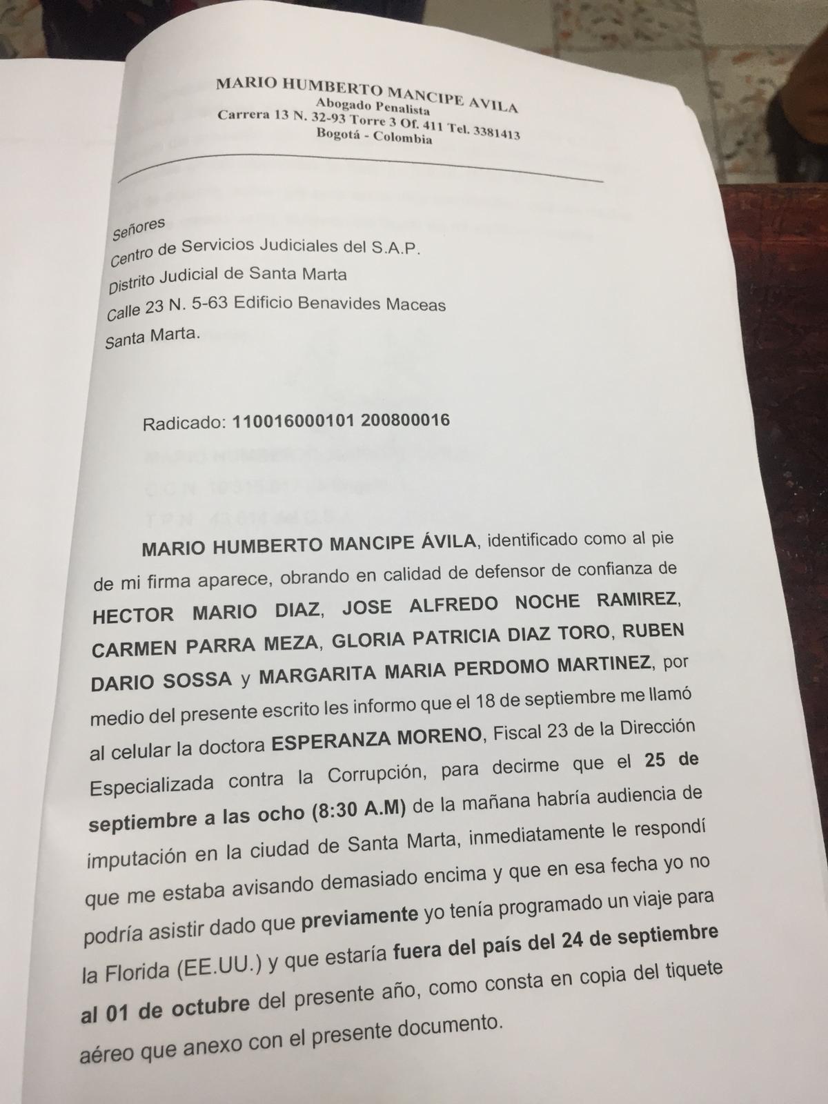 Página 1 del oficio presentado por el abogado de la defensa. 