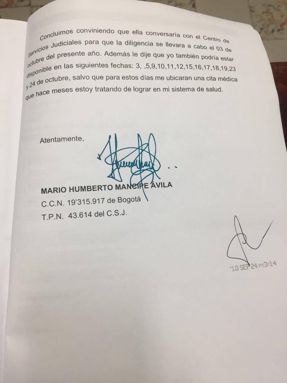 Página 3 del oficio presentado por el abogado de la defensa.