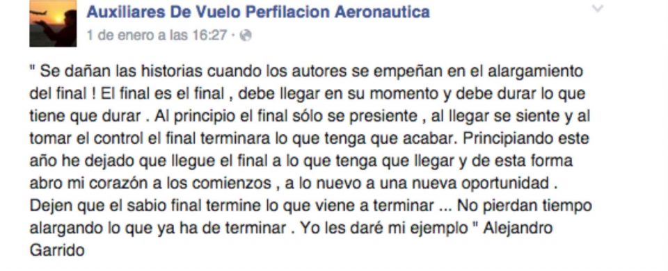 Mensaje de Facebook escrito por Alejandro Garrido.