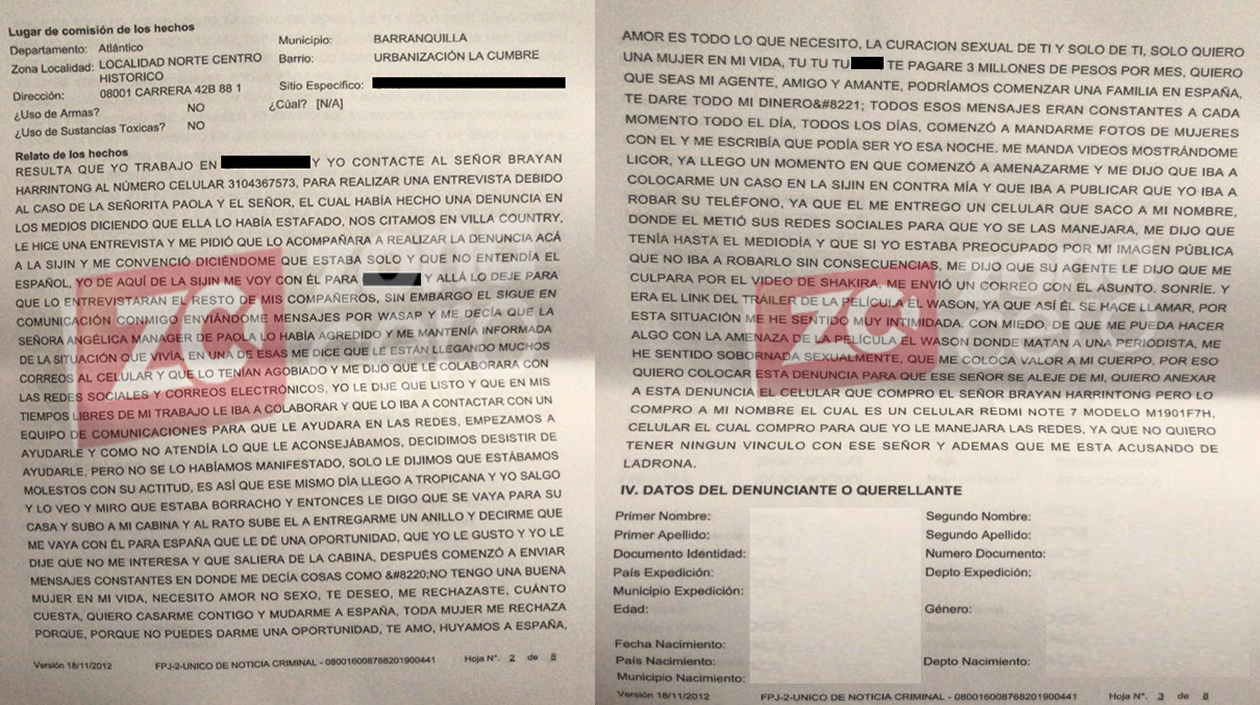 La denuncia que interpuso la periodista en contra de Brian Harrington.