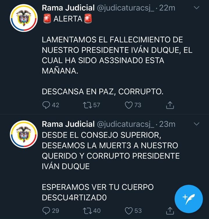 Mensajes publicados en la cuenta de la Rama Judicial.