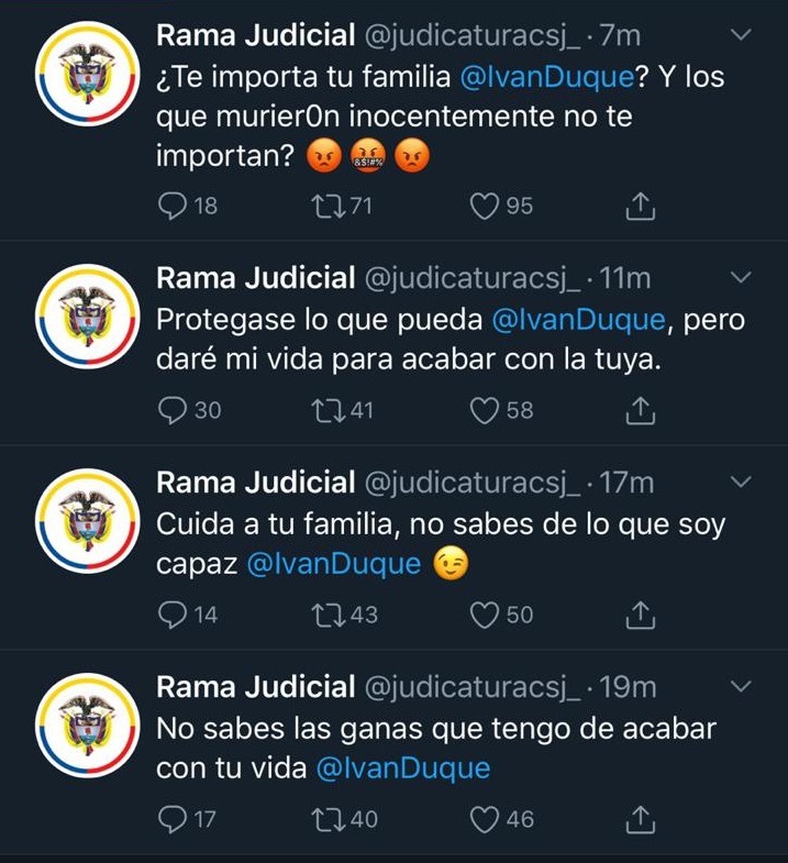 Mensajes publicados en la cuenta de la Rama Judicial.