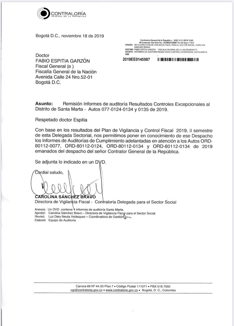 Este fue el oficio que remitió la Contraloría General de la República a la Fiscalía.