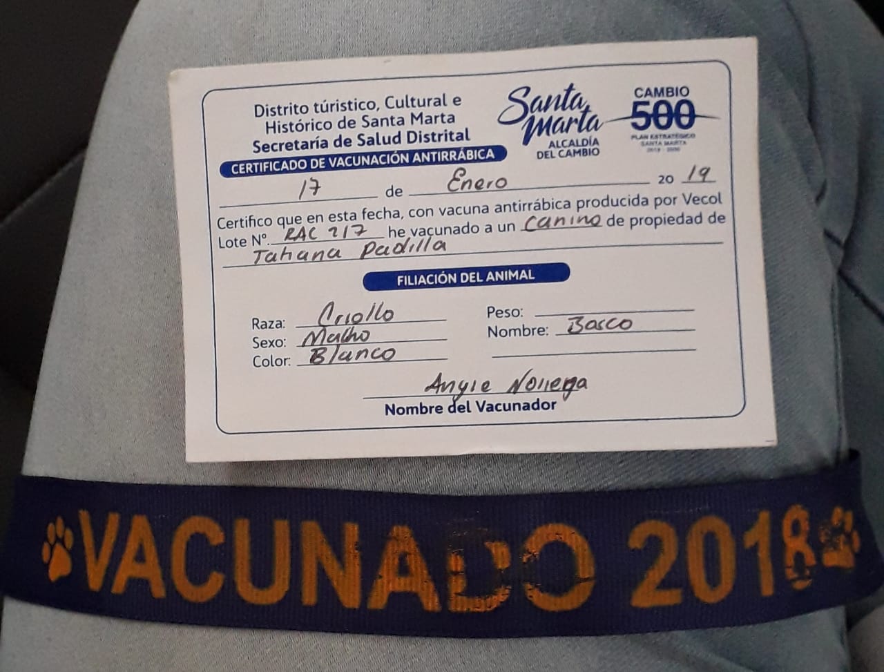 Certificado de vacunación de la mascota de Tatiana Padilla.