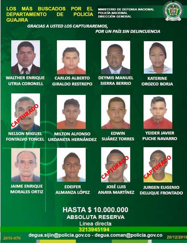 Cartel de los 12 más buscados en La Guajira