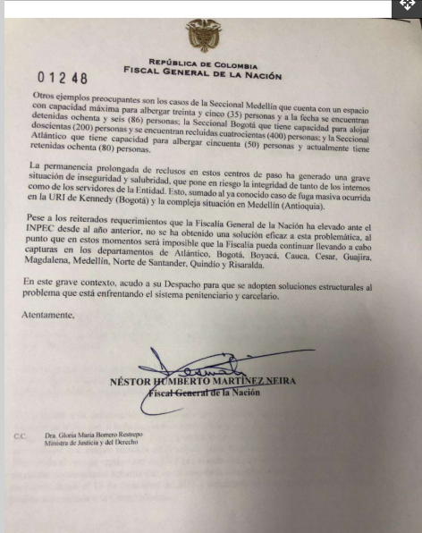 Carta de el fiscal Néstor Humberto Martínez al director del Inpec, el General William Ruiz sobre hacinamiento en las URI del país 