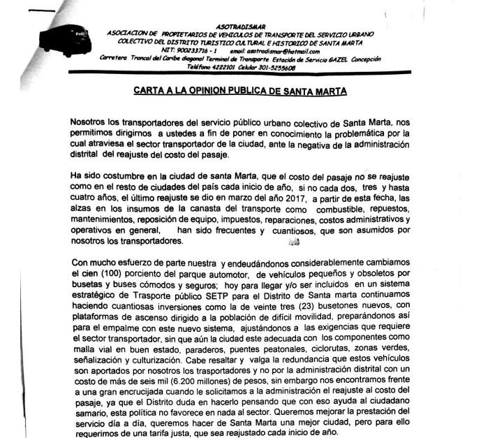 Comunicado del gremio de transportadores de servicio público de buses sobre exigencia de reajuste de tarifa.