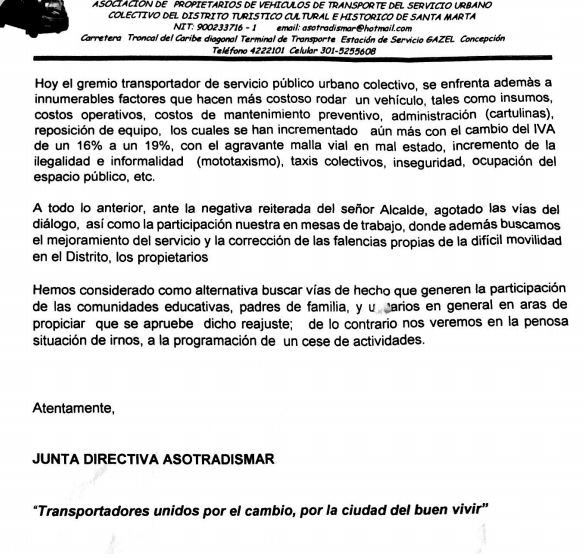 Comunicado del gremio de transportadores de servicio público de buses sobre exigencia de reajuste de tarifa.