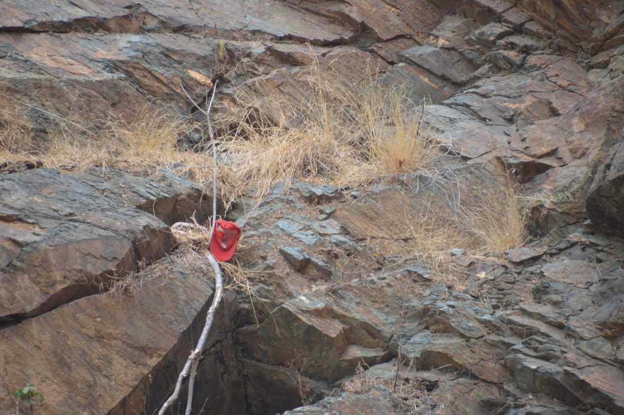 La gorra que llevaba el presunto atracador quedó en el cerro del cual cayó.