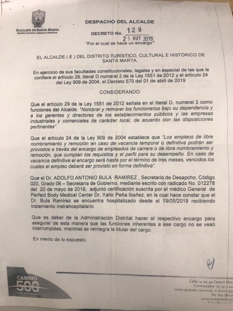 Decreto expedido por el alcalde de Santa Marta, Andrés Rugeles.