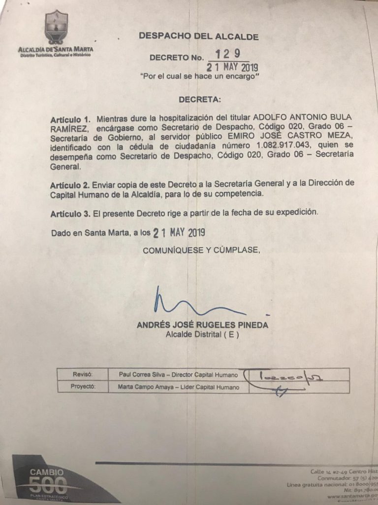 Decreto expedido por el alcalde Andrés Rugeles. 