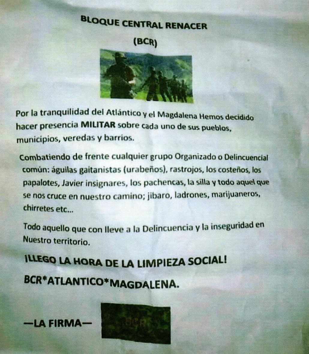 Este es el panfleto que circuló en marzo, en el que amenazan a los Pachencas, la Silla y otras organizaciones.