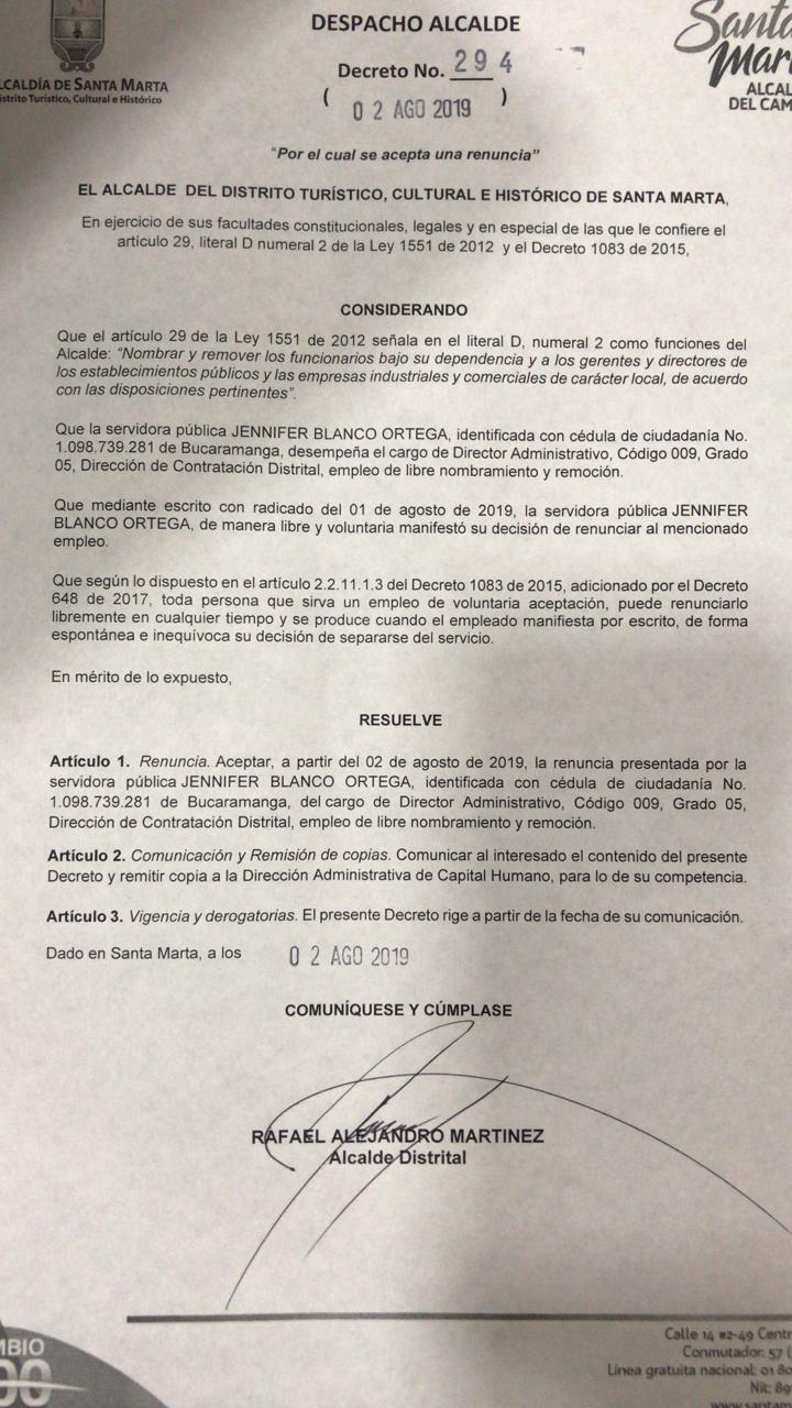 Decreto por medio del cual se acepta la renuncia. 