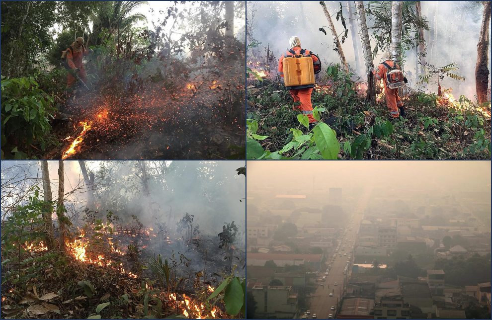 Fotografía del 18 de agosto de 2019, cedida por el cuerpo de Bomberos de la ciudad de Porto Velho, que muestra una de las conflagraciones de los grandes incendios que azotan la amazonía brasileña, en Porto Velho, capital del estado amazónico de Rondonia (Brasil).