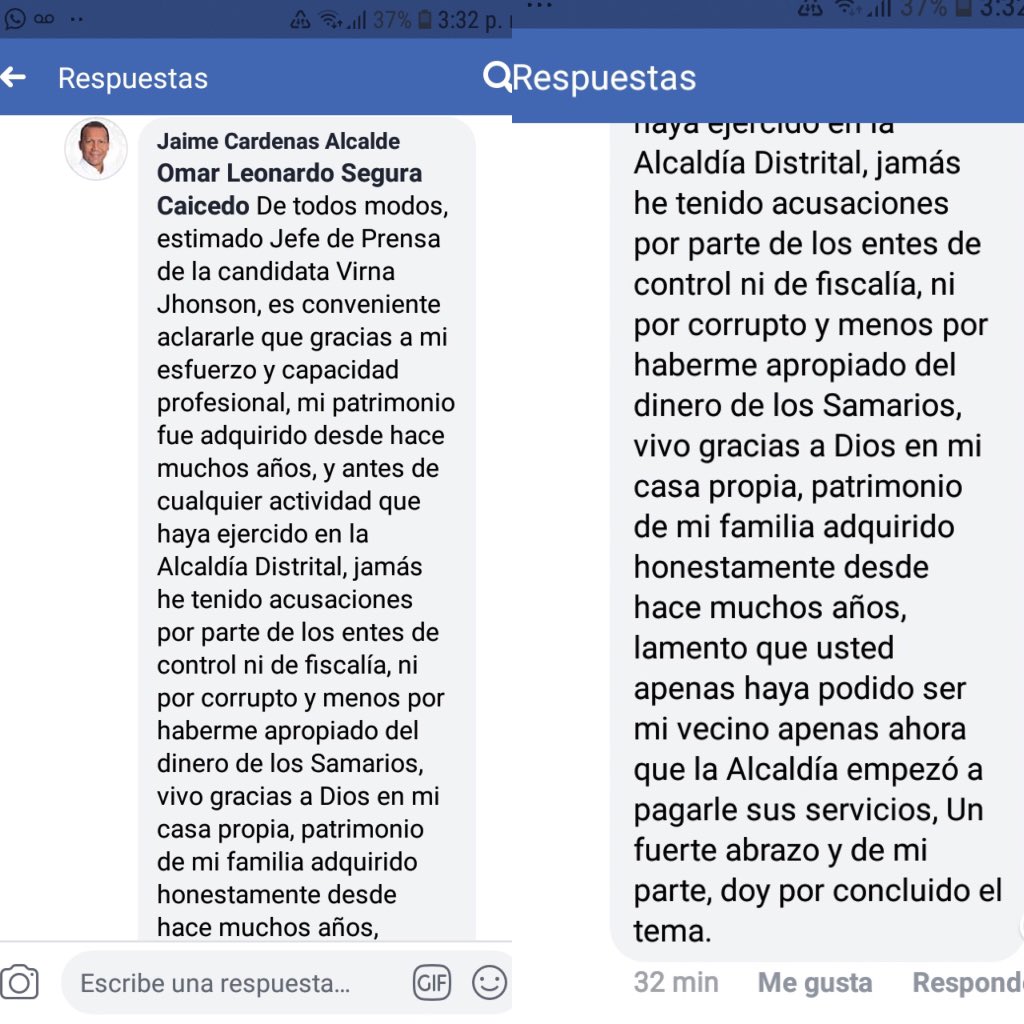 Esta fue la respuesta que Jaime Cárdenas le dio a Segura en la misma red.