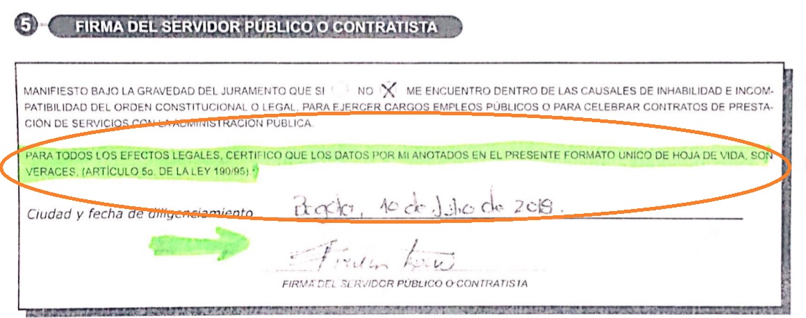 Juramento del congresista en el mismo documento.