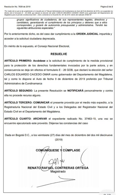 Resolución del CNE que deja sin efectos la elección de Carlos Caicedo.
