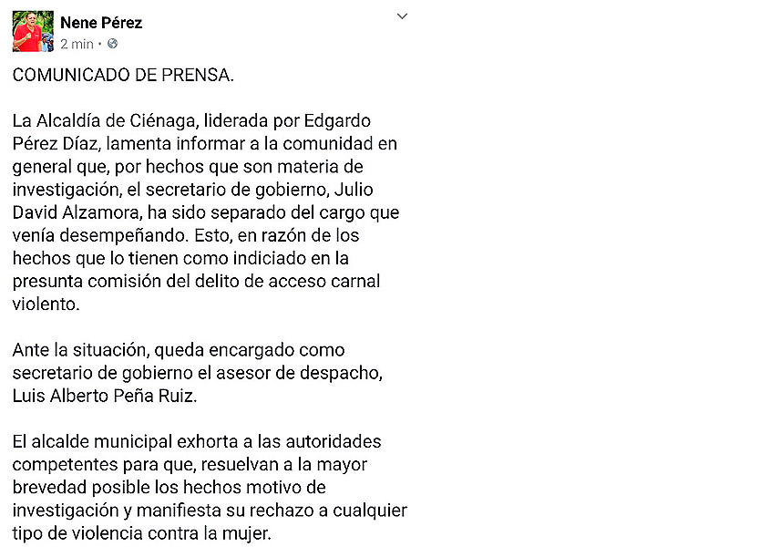 Aviso del Nene Pérez separando del cargo a su entonces secretario de Gobierno.