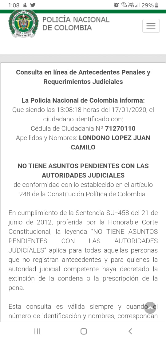 Las víctimas buscan los antecedentes de Londoño antes de contratarlo, y sale que tiene una hoja de vida limpia.