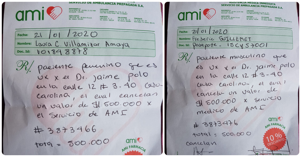 Los comprobantes de cobro por un millón de pesos por las dos consultas.