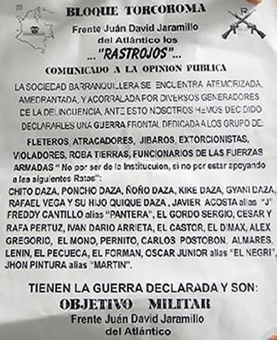 Panfleto a nombre de 'los Rastrojos' conocido en el año 2012 que menciona a Acosta.