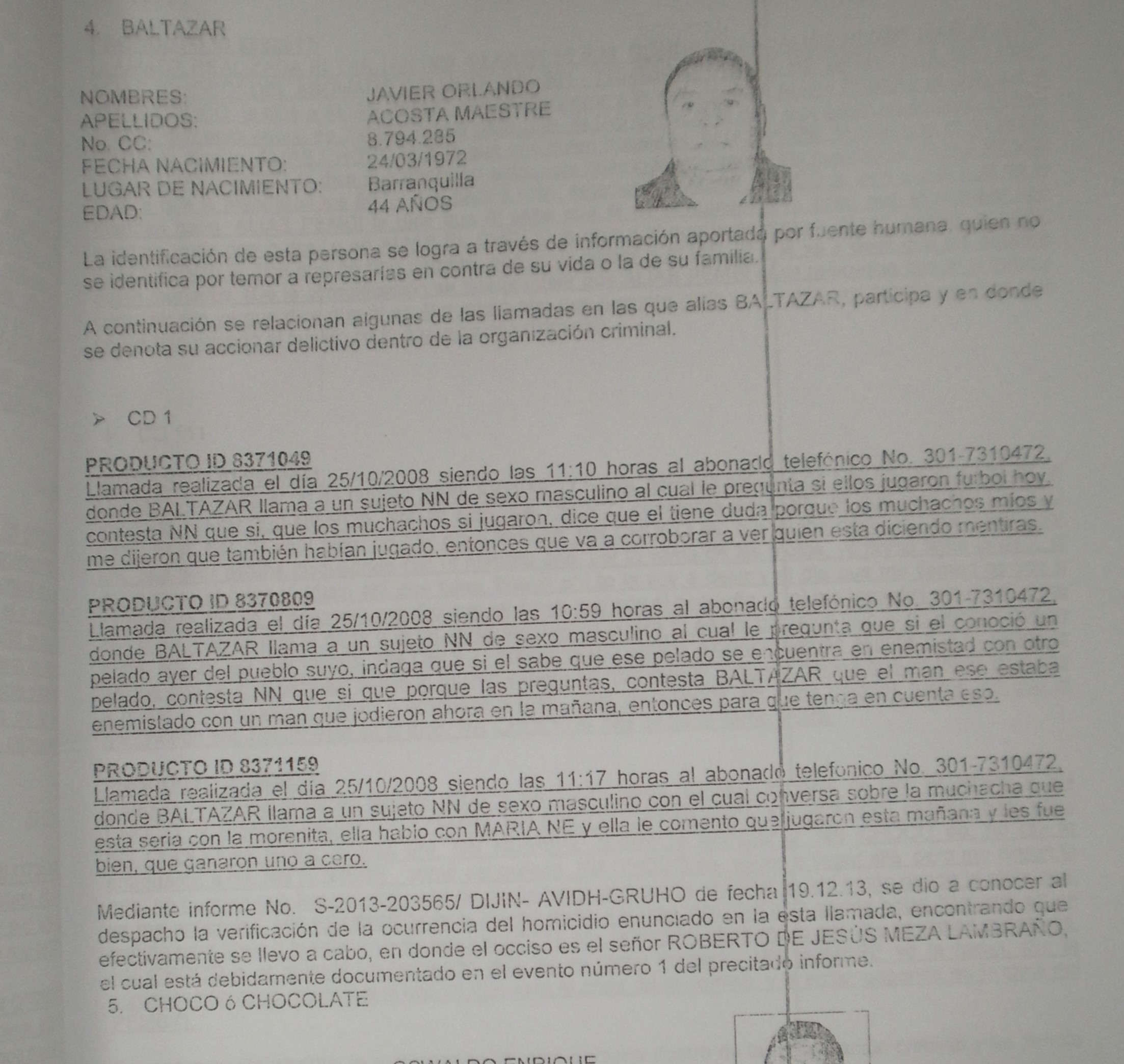 Uno de los folios del informe de la Dijín que relacionó a Acosta con ‘los Paisas’.